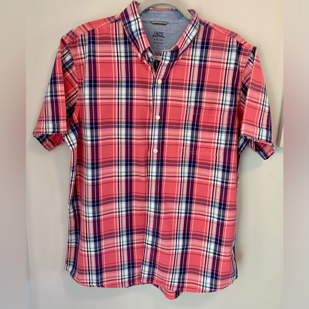 IZOD Saltwater Relaxed Classic Pink Plaid Button Up Short Sleeve Shirt Sz Large.